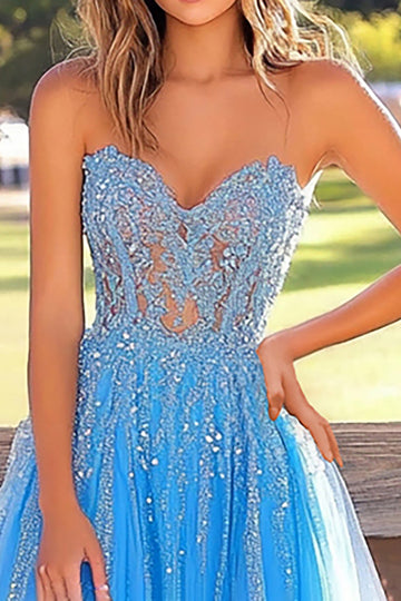 Bleu une ligne Sweetheart Tulle Robe de Bal Longue avec Appliques